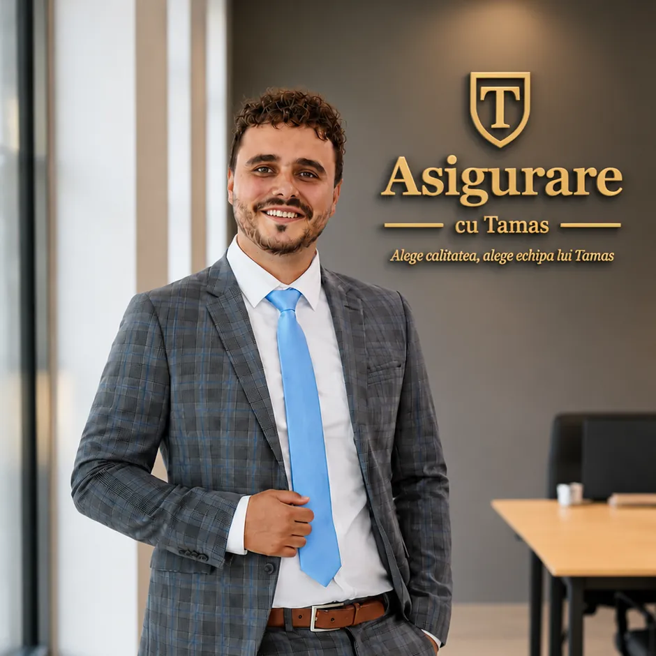 Tamas în biroul său, în fața logoului de pe perete